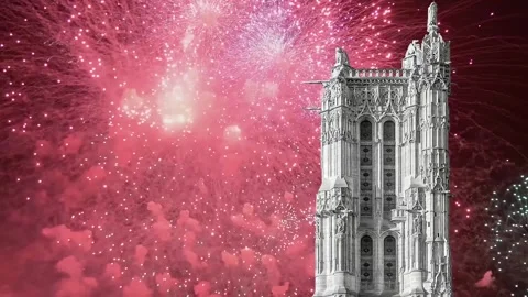 Fireworks over the Saint-Jacques Tower (Tour Saint-Jacques). Paris, France Stock Footage 253641426