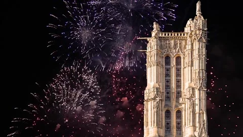 Fireworks over the Saint-Jacques Tower (Tour Saint-Jacques). Paris, France Stock Footage 253641429
