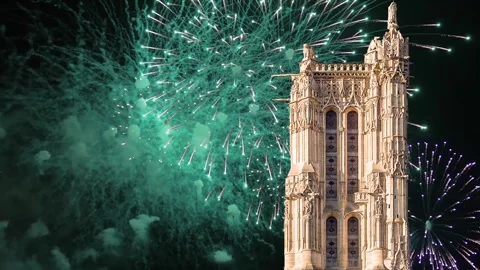 Fireworks over the Saint-Jacques Tower (Tour Saint-Jacques). Paris, France Stock Footage 253641430
