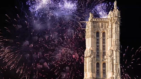 Fireworks over the Saint-Jacques Tower (Tour Saint-Jacques). Paris, France Stock Footage 253641433