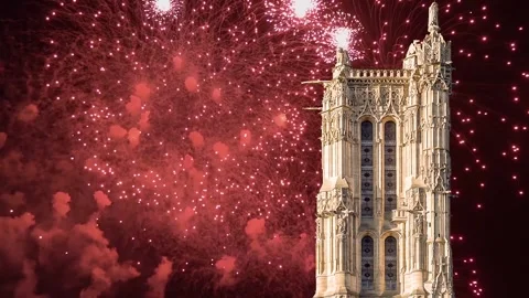 Fireworks over the Saint-Jacques Tower (Tour Saint-Jacques). Paris, France Stock Footage 253641436
