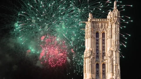 Fireworks over the Saint-Jacques Tower (Tour Saint-Jacques). Paris, France Stock Footage 253641438