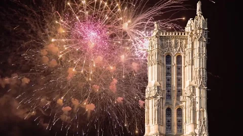 Fireworks over the Saint-Jacques Tower (Tour Saint-Jacques). Paris, France Stock Footage 253641439