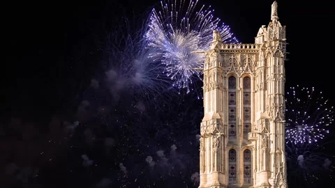 Fireworks over the Saint-Jacques Tower (Tour Saint-Jacques). Paris, France Stock Footage 253641445