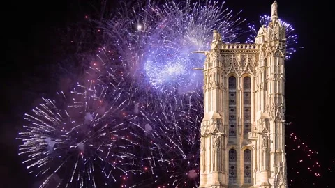 Fireworks over the Saint-Jacques Tower (Tour Saint-Jacques). Paris, France Stock Footage 253641448