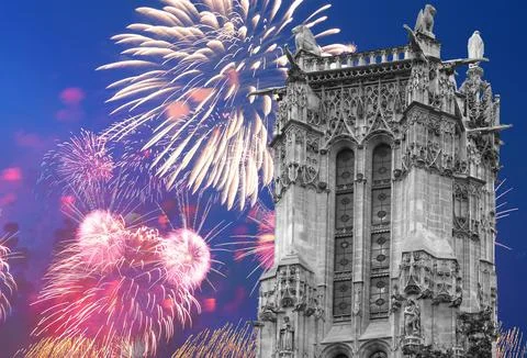 Fireworks over the Saint-Jacques Tower (Tour Saint-Jacques).Paris, France Stock Photos
