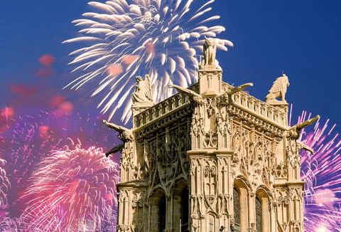 Fireworks over the Saint-Jacques Tower (Tour Saint-Jacques).Paris, France Stock Photos