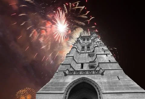 Fireworks over the Saint-Jacques Tower (Tour Saint-Jacques).Paris, France Stock Photos