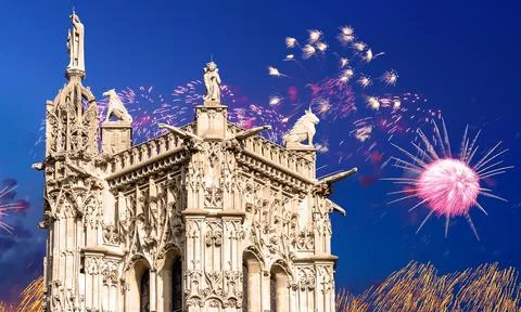 Fireworks over the Saint-Jacques Tower (Tour Saint-Jacques).Paris, France Stock Photos