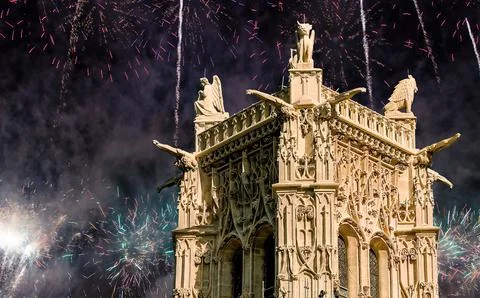 Fireworks over the Saint-Jacques Tower (Tour Saint-Jacques). Paris, France Stock Photos