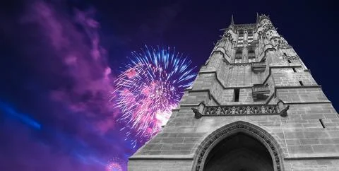 Fireworks over the Saint-Jacques Tower (Tour Saint-Jacques). Paris, France Stock Photos