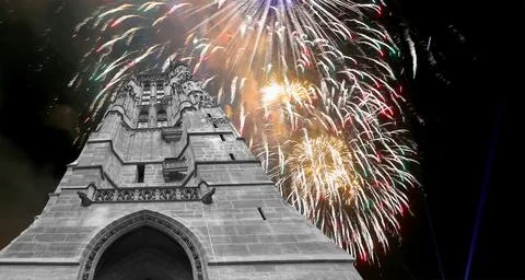 Fireworks over the Saint-Jacques Tower (Tour Saint-Jacques).Paris, France Stock Photos