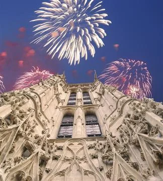 Fireworks over the Saint-Jacques Tower (Tour Saint-Jacques).Paris, France Stock Photos