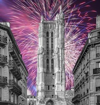Fireworks over the Saint-Jacques Tower (Tour Saint-Jacques).Paris, France Stock Photos