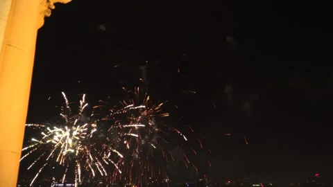 Fireworks Over Sofia Skyline with Illuminated Cathedral Column Stock-Footage 342182902