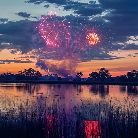 Fireworks Over Tranquil Waters Stock Footage 306433057