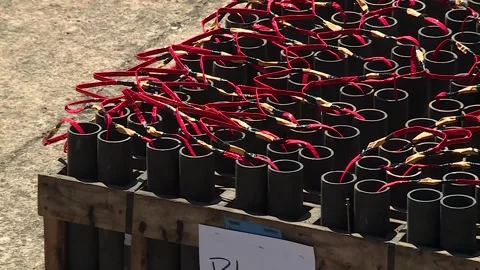 FIREWORKS PACKED TOGETHER READY TO BE SET OFF FOR THE FOURTH OF JULY EVENT Stock Footage 345276786
