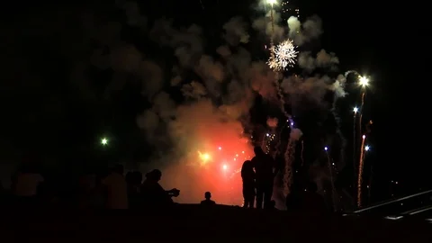 FIREWORKS PANO WITH PEOPLE Stock Footage 92911173