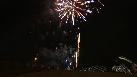 FIREWORKS PANO WITH PEOPLE Stock Footage 92911212
