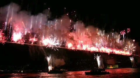 Fireworks pouring at the bridge Stock Footage 12424143