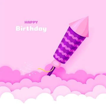 Fireworks rocket paper cut cloud bday purple flat Stock Illustration