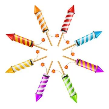 Fireworks Rocket Set in the Form of a Circle. Vector Stock Illustration