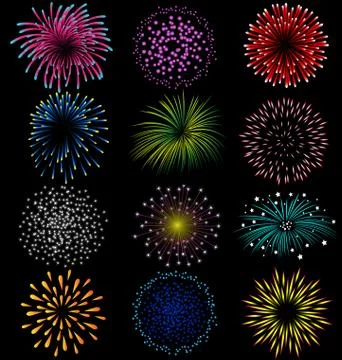 Fireworks set on black background Stock Illustration