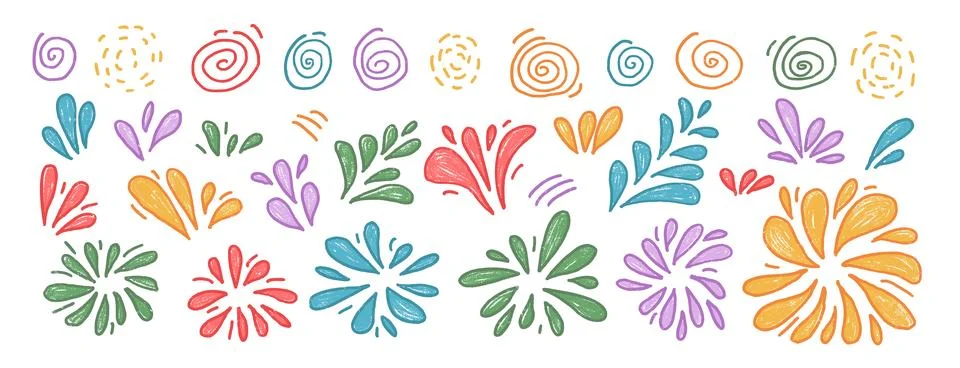 Fireworks set crayons drawn. Multicolored firecrackers and sprinkles in doodle Stock Illustration