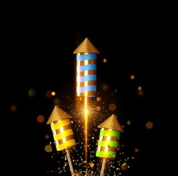 Fireworks set rocket with glitter confetti. Festive light sparkling flash Stock Illustration