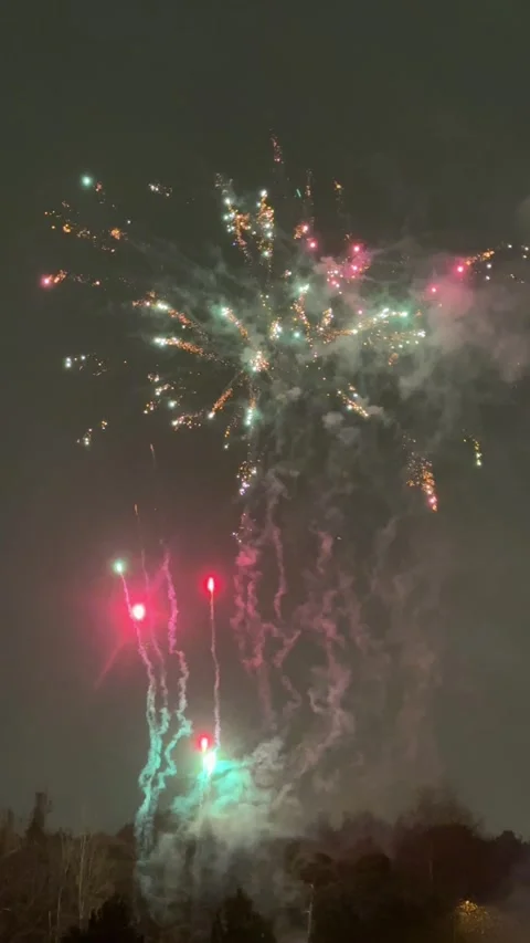 Fireworks show on cloudy snowfall winter background Stock-Footage 294175796