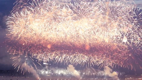 Fireworks show explodes whole night sky in the city final Video stock 144465906