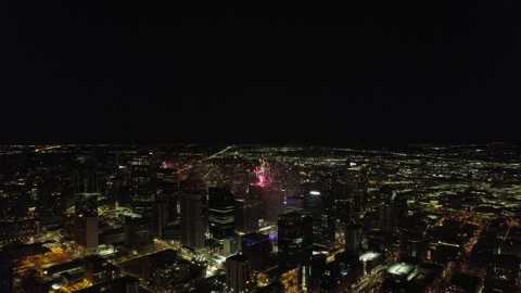 Fireworks Show Exploding Over Downtown Denver City Skyline At Night. 4K Stock Footage 231868505