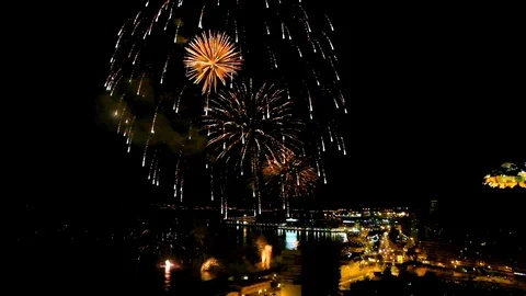 Fireworks show in Postiguet Beach in the Mediterranean Sea in Spain. Stock Footage 107656591