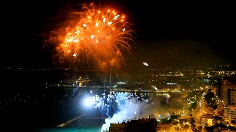 Fireworks show in Postiguet Beach in the Mediterranean Sea in Spain. Stock Footage 107656871