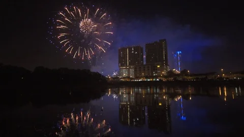Fireworks show at Shah Alam with reflection Stock Footage 122187956