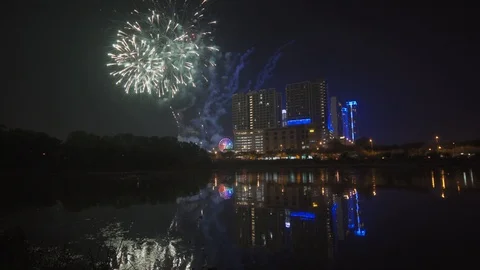 Fireworks show at Shah Alam with reflection Stock Footage 122187979
