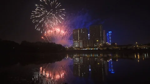 Fireworks show at Shah Alam with reflection Stock Footage 122188036