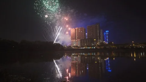 Fireworks show at Shah Alam with reflection Stock Footage 122188336