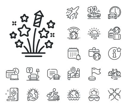 Fireworks stars line icon. Pyrotechnic salute sign. Plane jet, travel map and Stock Illustration