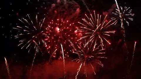 Fireworks streaking and rapidly exploding in the night sky Stock Footage 92673563