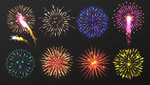 Fireworks. Various multicolored firework explosions with shining sparks Stock Illustration