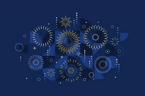 Fireworks vector background illustration on dark blue with golden geometric Stock Illustration
