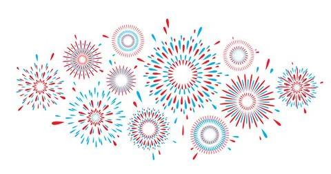 Fireworks vector pattern background. Bright blue red firework isolated on white Stock Illustration