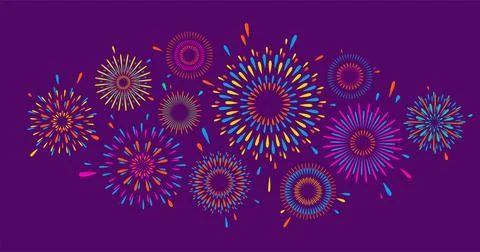Fireworks vector pattern background. Bright color firework on dark sky backdrop Illustrazione stock