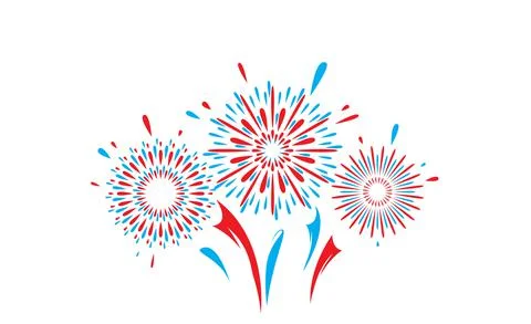 Fireworks vector pattern background. Bright blue red firework isolated on white Illustrazione stock