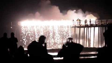 A fireworks waterfall over the ocean Stock Footage 80806364