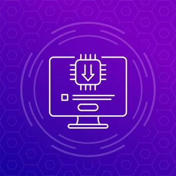 Firmware update line icon with a PC, vector Illustrazione stock