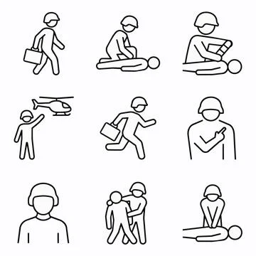 First aid and emergency response icons, line style, white background Silhouet Stock Illustration