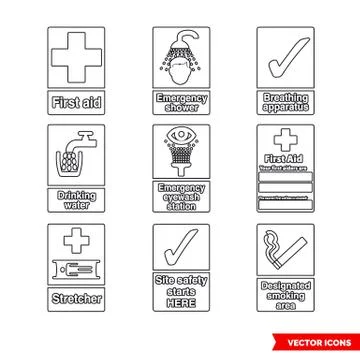First aid and safe condition signs icon set of outline types. Isolated vector Illustrazione stock