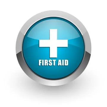 First aid blue silver metallic chrome border web and mobile phone icon on whi Stock Illustration
